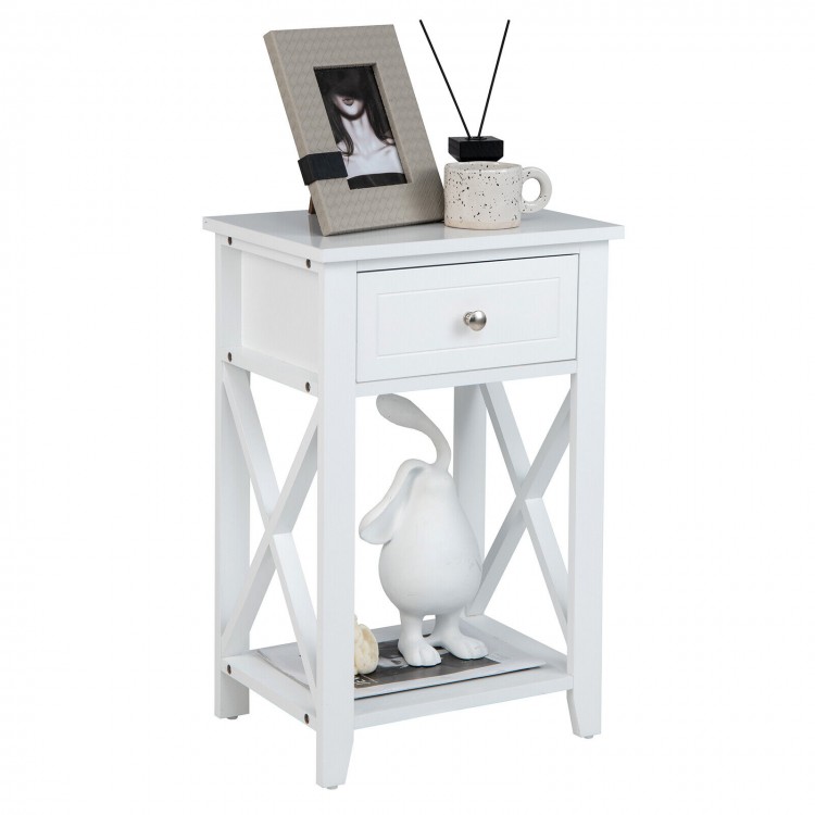 White storage end bedside nightstand with a drawer and bottom shelf, perfect for books and decor in any room.